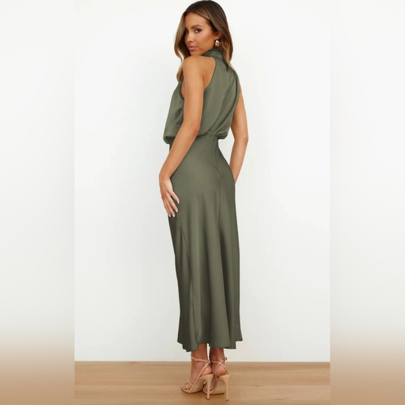 NEW Chic Draped Wrap Halter Neck Satin Midi Dress Olive Green - Picture 2 of 10